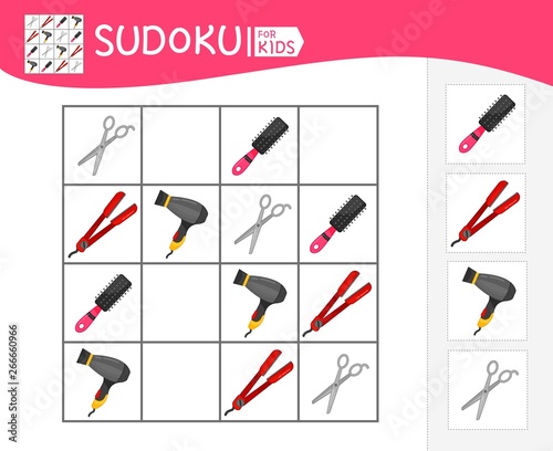 Sudoku game for children with pictures. Kids activity sheet.  Cartoon hairdresser equipment.