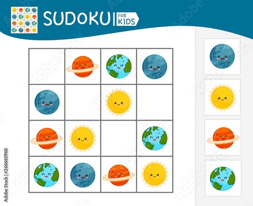 Sudoku game for children with pictures. Kids activity sheet.  Cartoon planets.