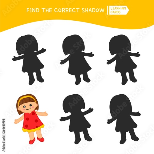 Educational  game for children. Find the right shadow. Kids activity with cartoon doll.