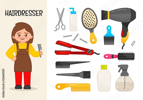 Vector character hairdresser. Illustrations of hairdresser equipment. Set of cartoon professions.