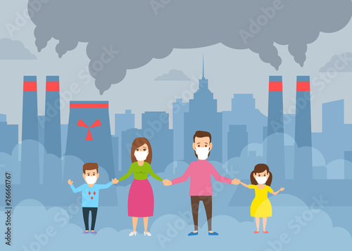 sad family wearing protective mask holding hands city air pollution ecology problem