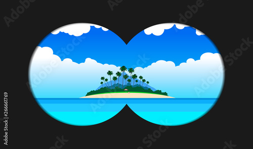 binoculars view landscape tropical island with palms mountain sandy beach umbrella in ocean summer vacation
