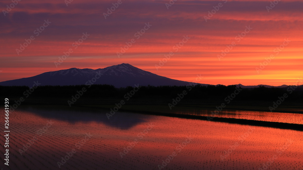 朝焼けの庄内平野と鳥海山　Shonai-heiya of morning glow and Mt.Chokai