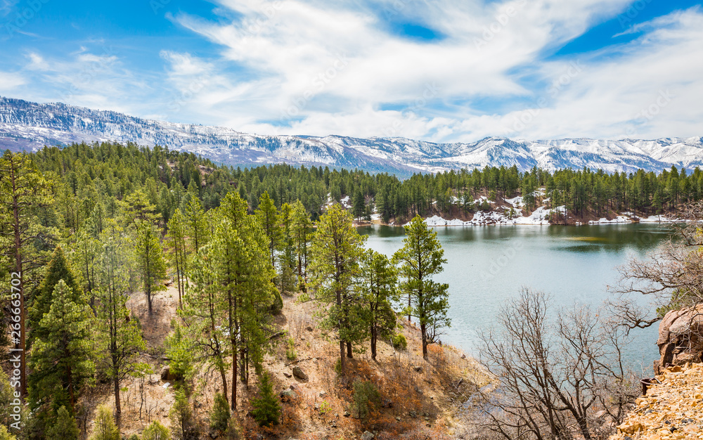 Φωτογραφία A fresh water lake is surrounded by a forest of Pine trees and towering snow capped mountains in this wilderness area outside of Durango, Colorado