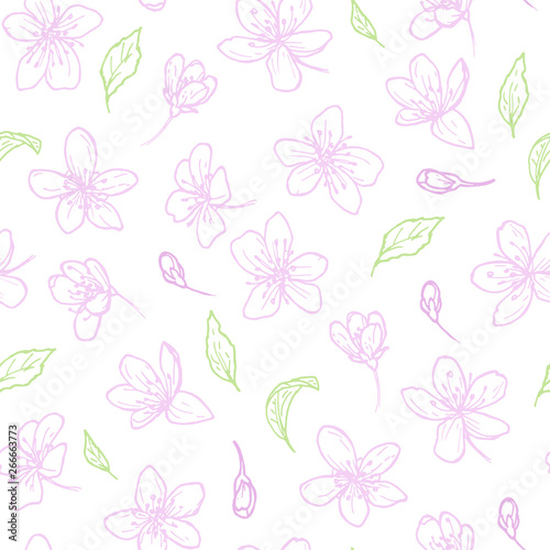 Seamless pattern with pink plum flowers.