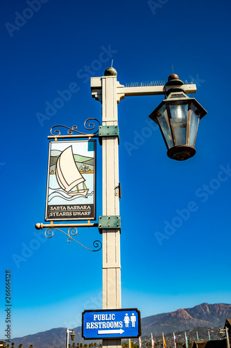 touristic sign santa barbara stearns wharf and sign restroom indicates touristic places in santa Barbara photo