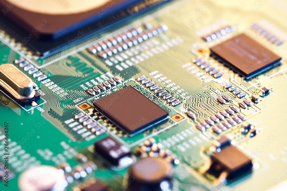 Electronic circuit board close up.