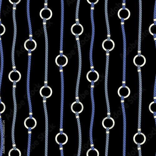 Blue Nautical Ropes and Chain Links Stripes on Black Background Vector Seamless Pattern. Trendy Marine Print