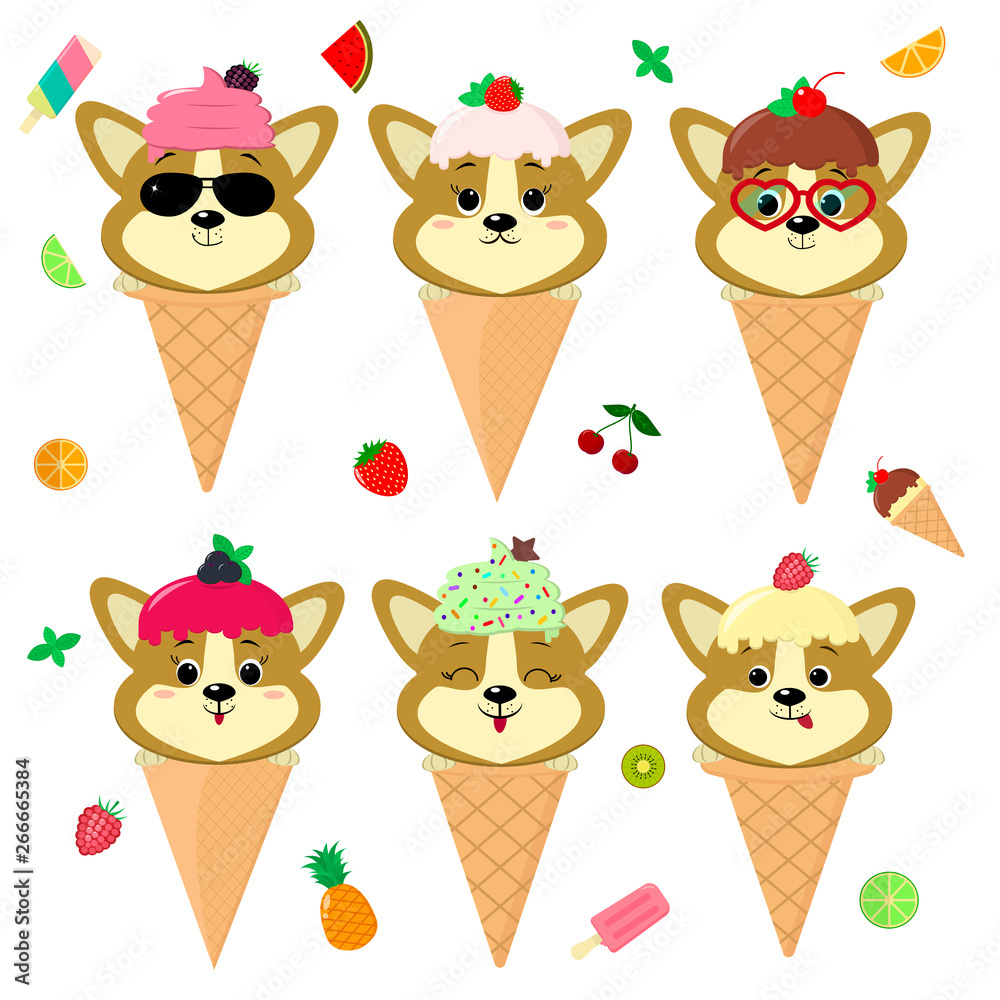 Φωτογραφία Set collection of six dog corgi puppy in the image of ice cream
