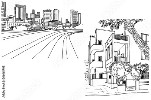 Modern and vintage views Tel Aviv. Streets of Tel Aviv, hand drawn sketch. Vector.