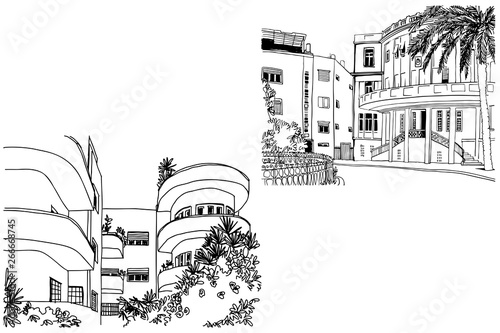 Nice Streets of White city Tel Aviv, hand drawn sketch. Vector.