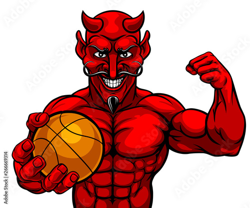 A devil Satan basketball sports mascot cartoon character man holding a ball