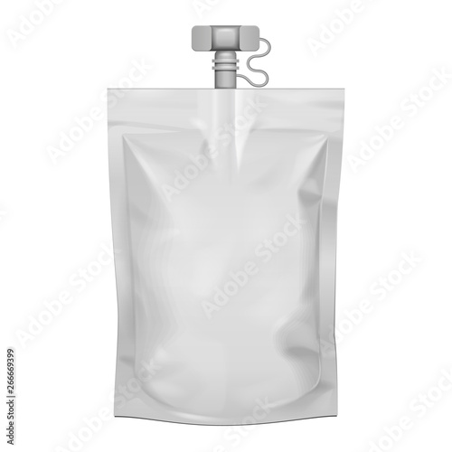 Mockup Pouch Sachet Bag With Spout Lid. Blank Food Stand Up Flexible. Mock Up, Template. Illustration Isolated On White Background. Ready For Your Design. Product Packaging. Vector EPS10