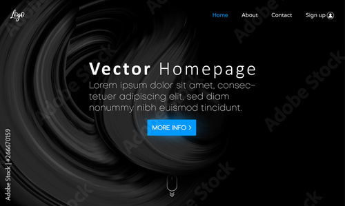 Black web homepage template with buttons and abstract brushstroke design.