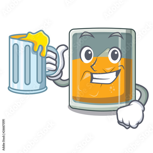 With juice glass of cartoon whiskey above table