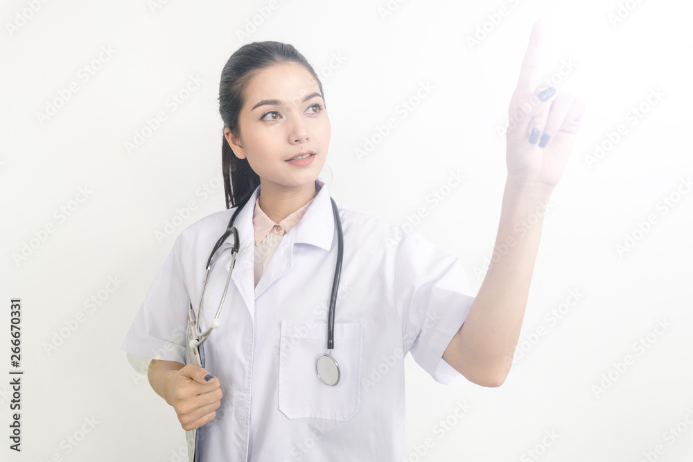 Doctor or medic pointing finger on invisible transparent screen with copy space and advertising area isolated on white background Doctor or medic pointing finger on invisible transparent screen with copy space and advertising area isolated on white background