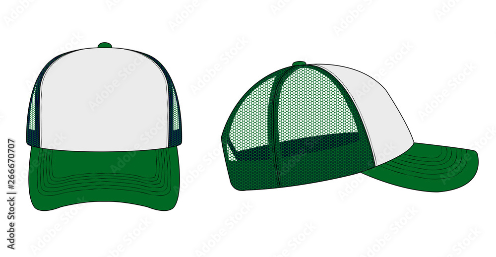 trucker cap / mesh cap template illustration (white & green) - obrazy, fototapety, plakaty 