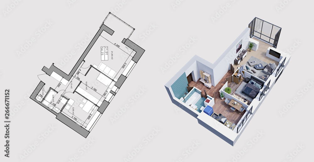 Naklejka premium 3d rendering and plan/ layout of a modern apartment