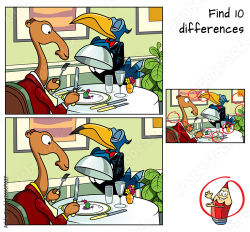 Camel in a restaurant. Find 10 differences. Educational matching game for children. Cartoon vector illustration