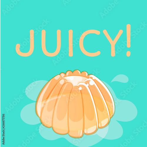 Fresh juicy orange jelly on bright green background with text, drop and abstract elements. Vector squared banner.