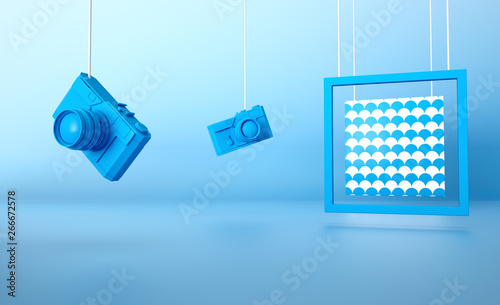 Blue retro camera on blue background with Wave frame 3d rendered image Stylish background abstract composition still life Clean Geometric concept design idea Vacation holidays travel accessories