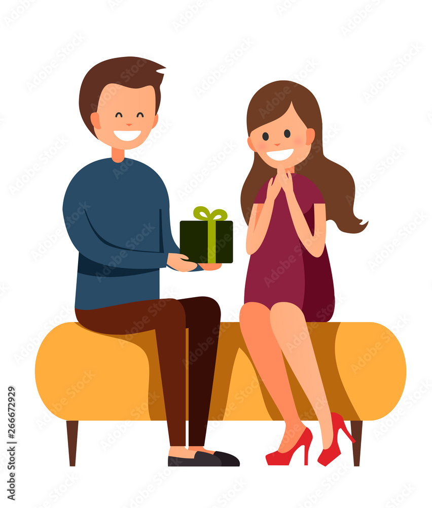 Vector illustration of sitting man in casual clothes and woman in dress on the white background with big present. Cartoon realistic people illustation. Flat young couple. Front view. Surprise.
