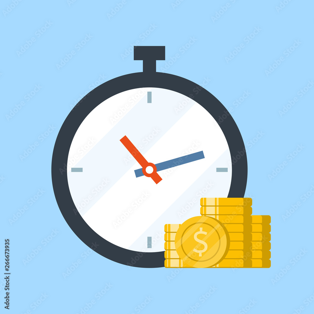 Time is money concept, clock and coins, financial investment, money profit and benefit, flat. Time is money concept, clock and coins, financial investment, money profit and benefit, flat.