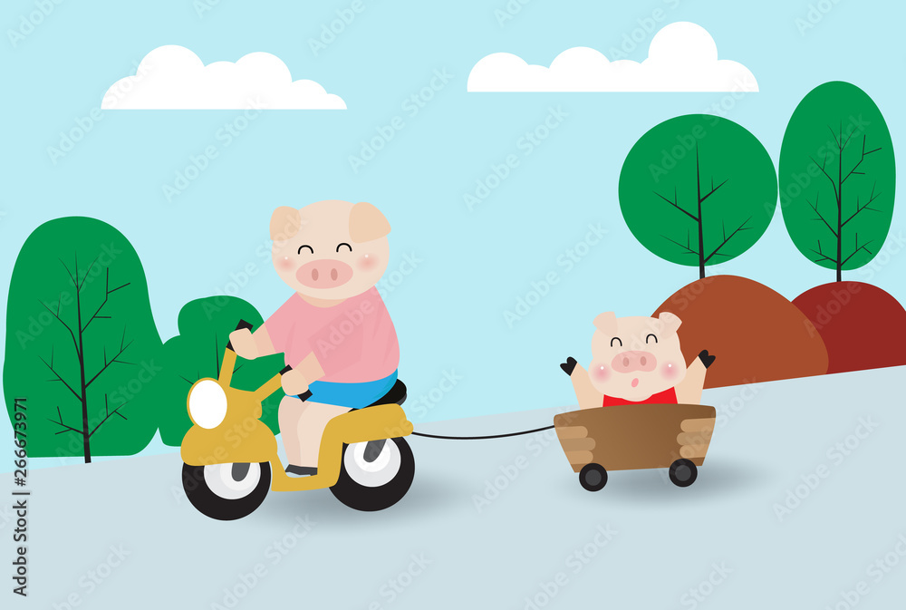 Fototapeta premium Two pigs are enjoying with motorcycle.