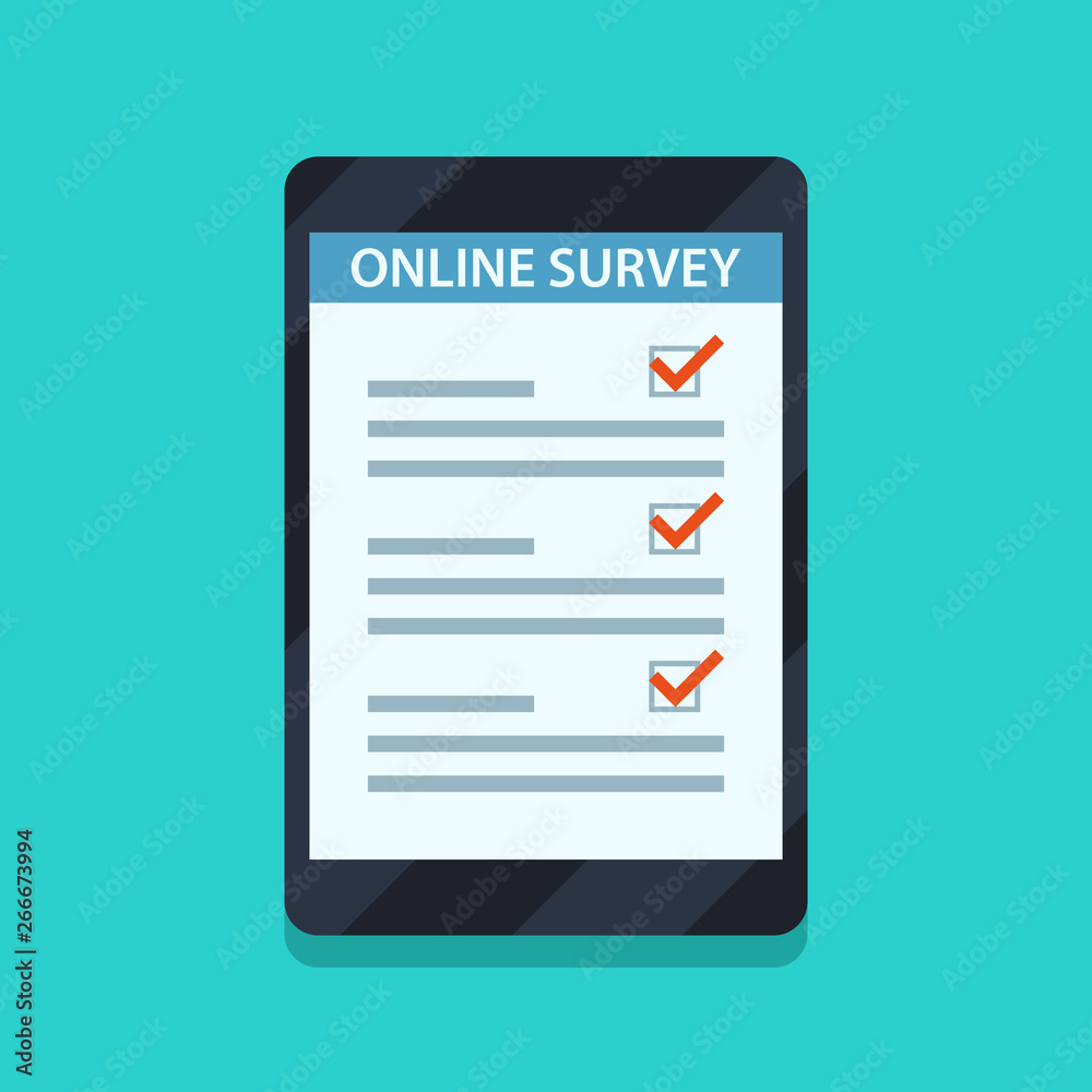 Online survey concept for infographics, web banners. Online form on tablet computer. Flat style vector illustration. Online survey concept for infographics, web banners. Online form on tablet computer. Flat style vector illustration.