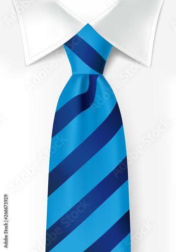 Blue striped tie on white shirt background. Colored teal elegant necktie for men. Vector illustration for fathers day