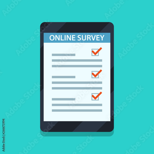 Online survey concept for infographics, web banners. Online form on tablet computer. Flat style vector illustration.
