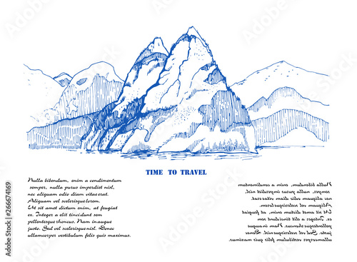 Mountain landscape sketch illustration.Vector drawing.Great for travel, hiking, tourism, trekking business promoting.Card.Pen illustration with place for your text.