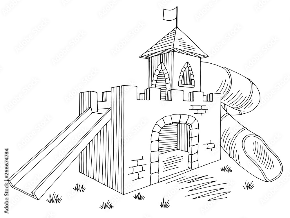 Playground castle graphic black white landscape sketch illustration vector