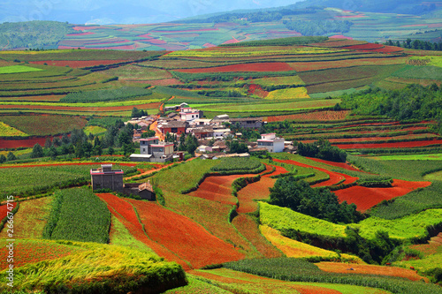 Fotografi Beautiful country on red dirt and countryside village with mountains at Kunming