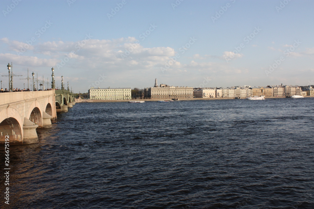  view of the river, stone bridge and buildings of St. Petersburg  