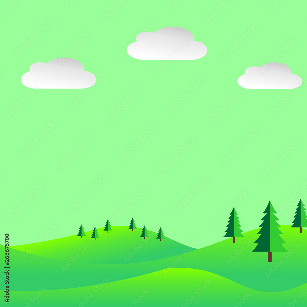 Summer landscape with hills and pine trees. Eco-friendly concept ideas. Concept for fresh air. Vector graphic illustration.