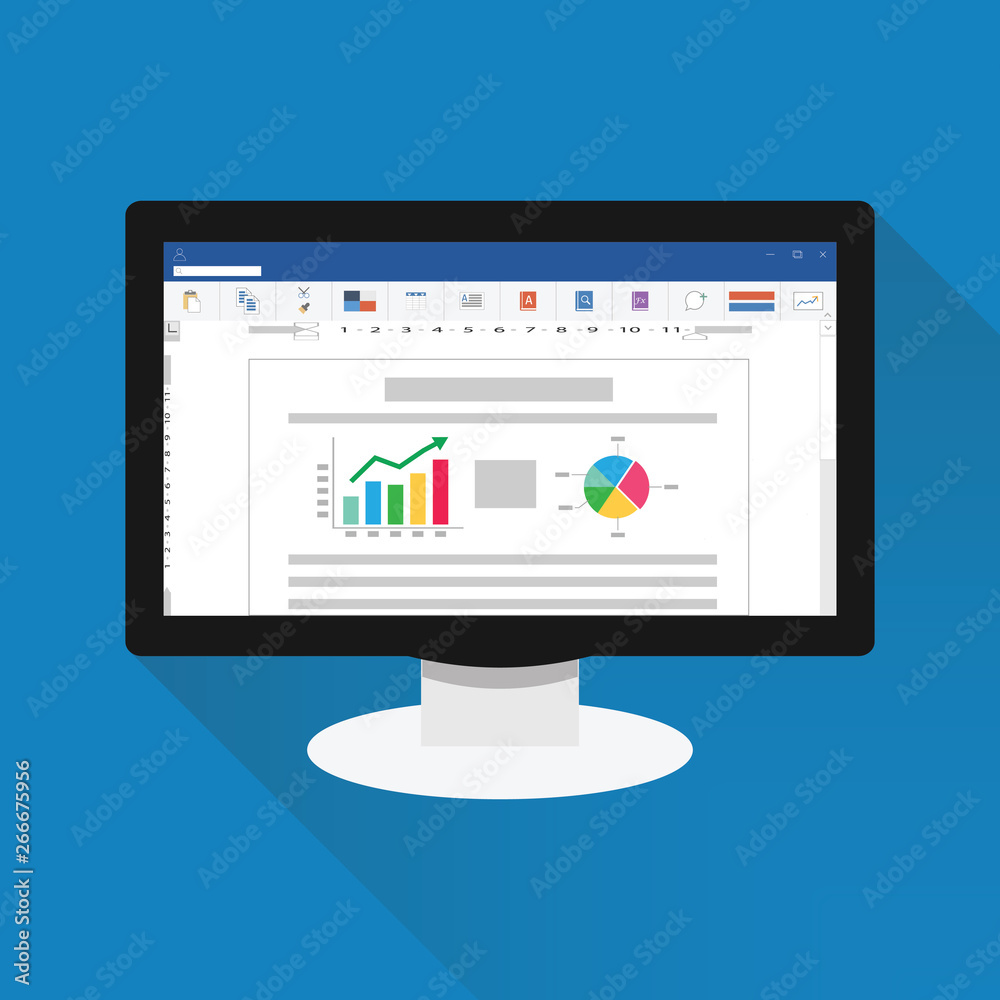 Official word software computer screen with financial accounting data. document database analytical business report with chart and pie graph. audit investigation document. flat vector illustration Official word software computer screen with financial accounting data. document database analytical business report with chart and pie graph. audit investigation document. flat vector illustration