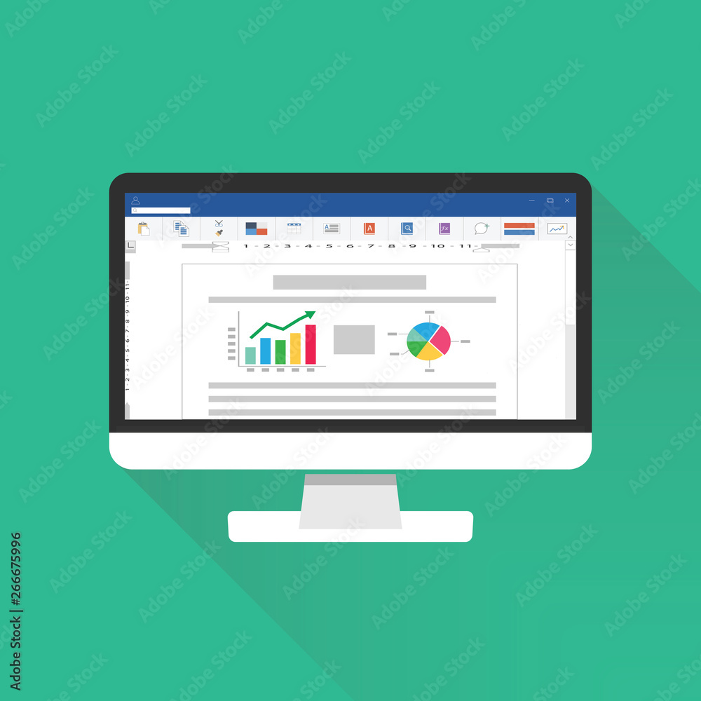 Official word software computer screen with financial accounting data. document database analytical business report with chart and pie graph. audit investigation document. flat vector illustration Official word software computer screen with financial accounting data. document database analytical business report with chart and pie graph. audit investigation document. flat vector illustration