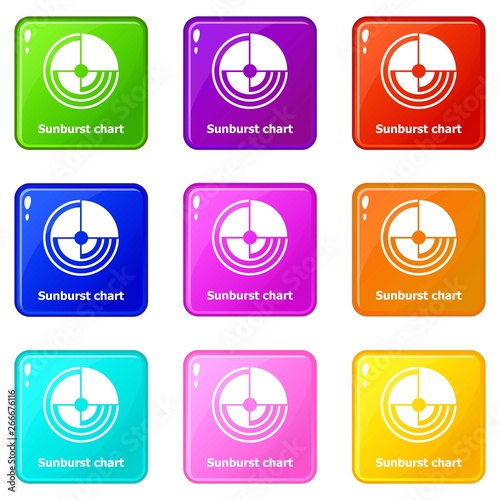 Sunburst chart icons set 9 color collection isolated on white for any design photo