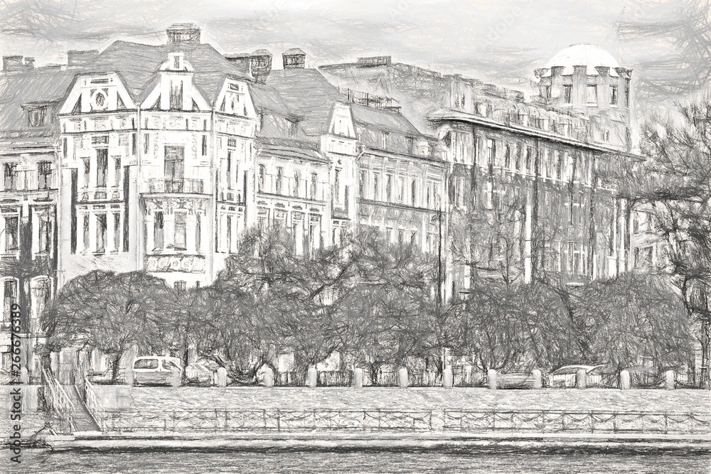 City drawing in pencil. Streets of Petersburg