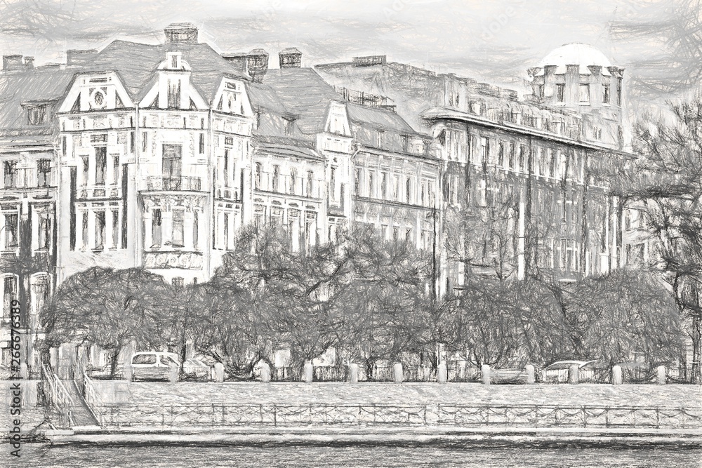 Obraz premium City drawing in pencil. Streets of Petersburg