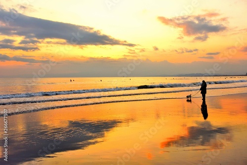 鵠沼海岸の夕焼けと犬を散歩する人のシルエット