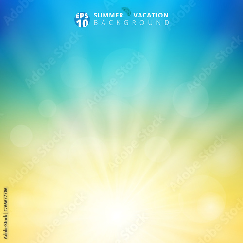 Summer season sunlight with bokeh in the sky blurred background. Nature blur background with radial sunray. Natural ecology concept for your graphic design.