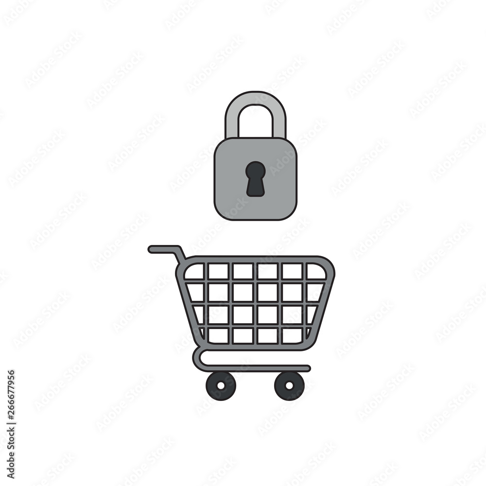 Vector icon concept of closed padlock over shopping cart.