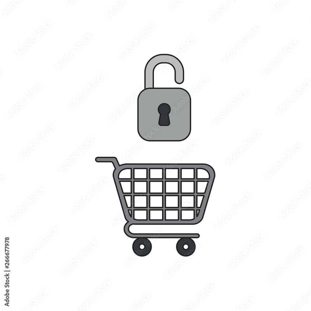 Vector icon concept of opened padlock over shopping cart.