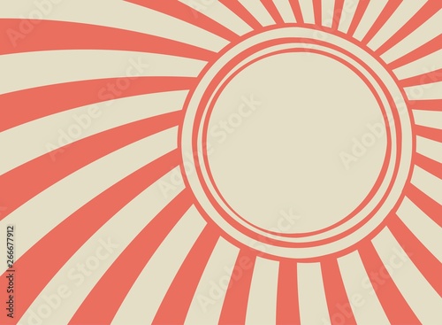 Sunlight retro faded background with shabby round frame for text. beige and red color burst background.