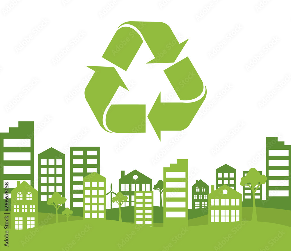 Green recycling sign and green city. Ecology background for t-shirt, poster, banner, flyer. Vector illustration. Green recycling sign and green city. Ecology background for t-shirt, poster, banner, flyer. Vector illustration.