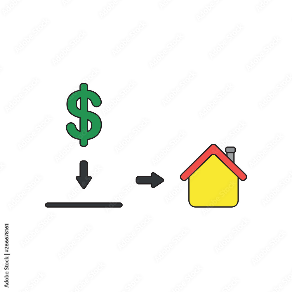 Vector icon concept of dollar symbol into moneybox hole and showing house. Vector icon concept of dollar symbol into moneybox hole and showing house.