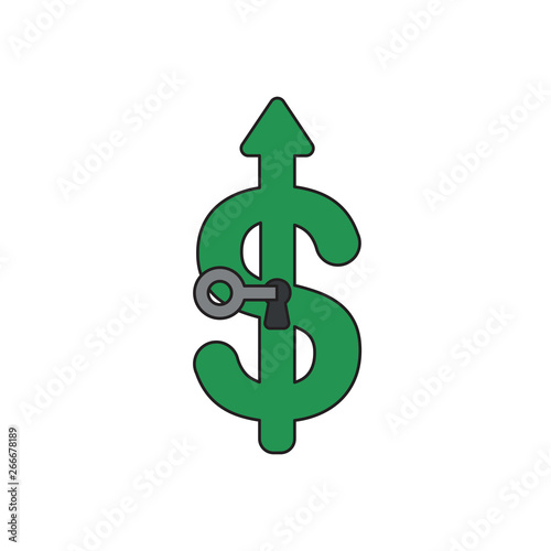 Vector icon concept of key unlock or lock dollar symbol with arrow moving up.