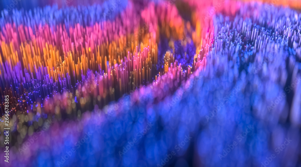 Fototapeta premium Microscopic closeup concept of small cubes with vibrant blue pink colors, coft focus on the background. Large amount of square columns. 3d rendering